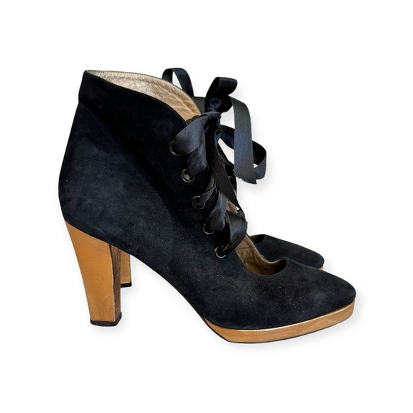 Vintage 90s Yves Saint Laurent Black Suede Heels Lace Up Size 39 US 8 / 8.5 - Picture 3 of 15